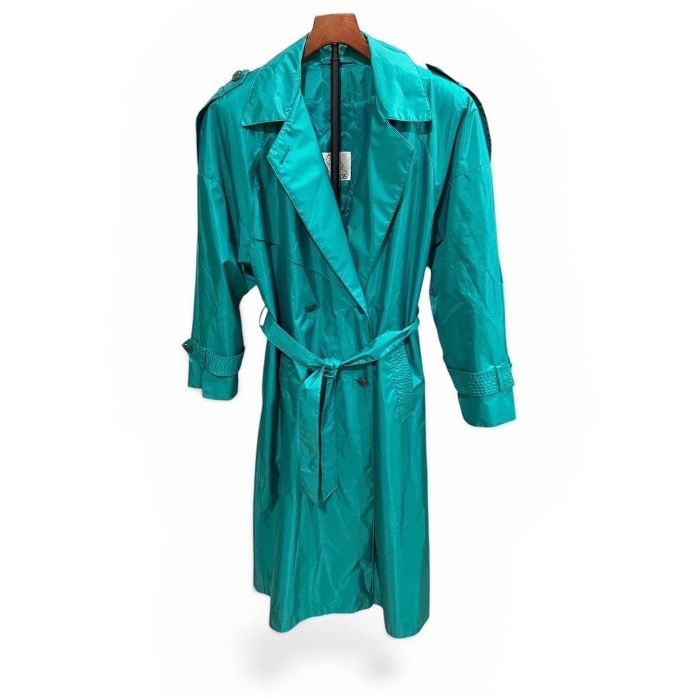 Vtg 80s‎ Glam Gantos Vintage Teal Trench Coat Double Breasted Belted Blogger 10